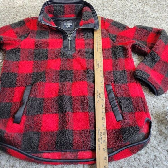 Abercrombie Fitch Jacket Pullover Mens Medium Red Gray Sherpa 1/4 Zip Mock Plaid - Picture 4 of 6